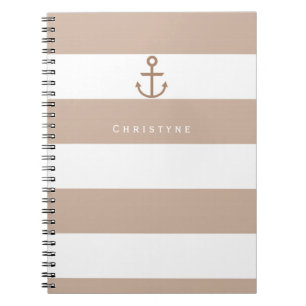 Brown Taupe & White Strip Anchor-Notebook Notizblock