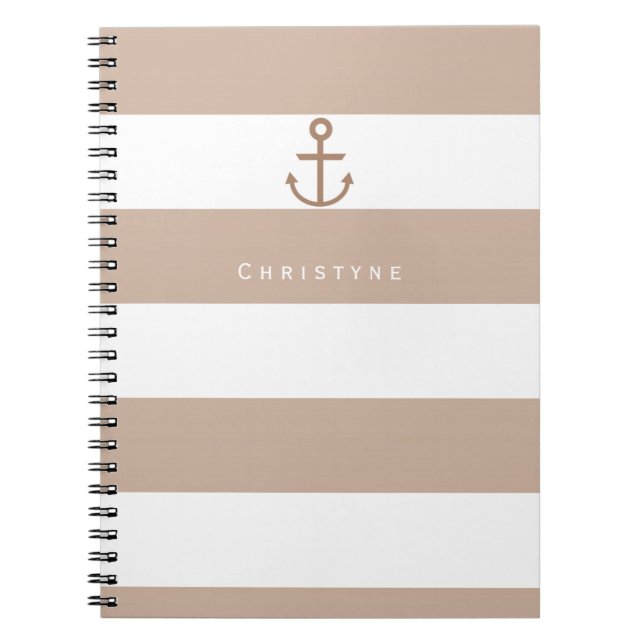 Brown Taupe & White Strip Anchor-Notebook Notizblock (Vorderseite)