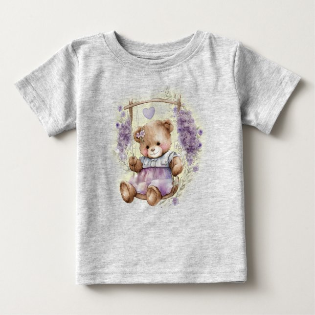 Brown Teddy Bar Swinging Lavender Dress Baby T-shirt (Vorderseite)