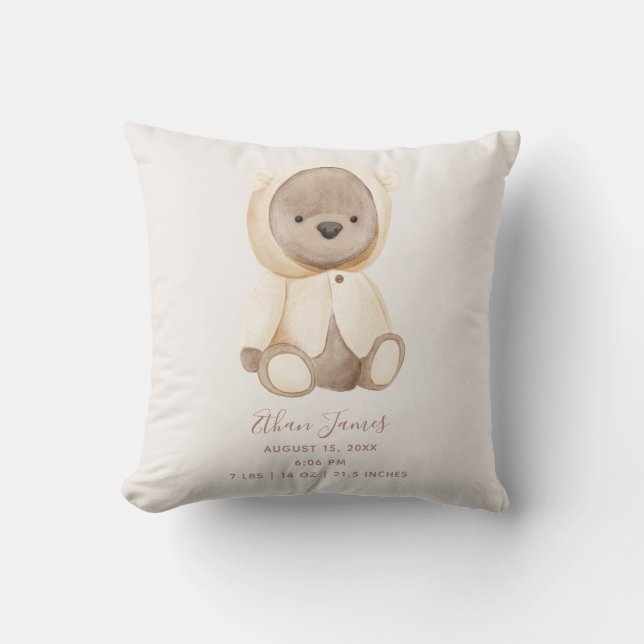 Brown Teddy Bear Baby Birth Stats Keepake Kissen (Vorderseite)
