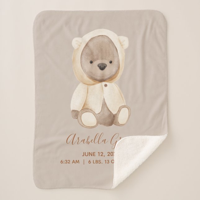 Brown Teddy Bear Baby Birth Stats Sherpadecke (Vorderseite)