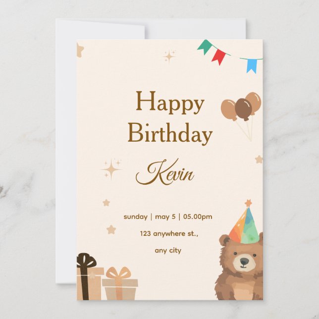Brown Teddy Bear Birthday Invitation,Cute Neutral  Einladung (Vorderseite)