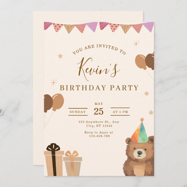 Brown Teddy Bear Birthday Invitation, Cute Neutral Einladung (Vorne/Hinten)