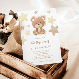 Brown Teddy Bear Girl Baptisse Einladung