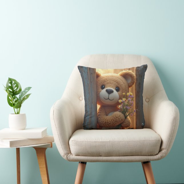 Brown Teddy Bear Holding a Wildblume Bouquet Kissen (Stuhl )