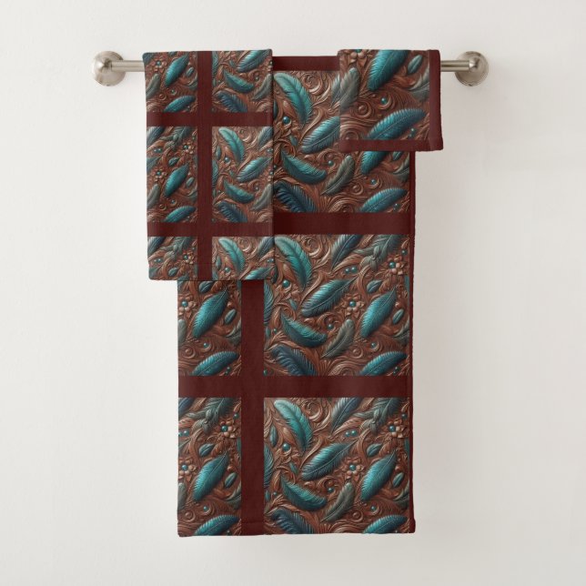 Brown Tooled Faux Leather and Teal Feathers Badhandtuch Set (Insitu)
