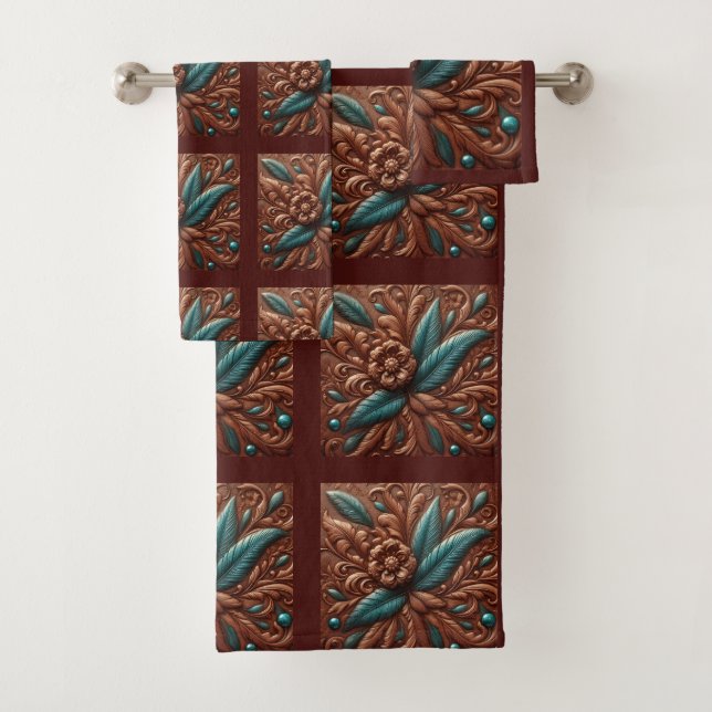 Brown Tooled Faux Leather and Teal Feathers Badhandtuch Set (Insitu)