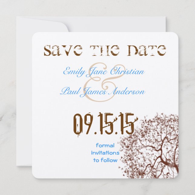 Brown Tree Bright Blue Schriftart Save the Date (Vorderseite)