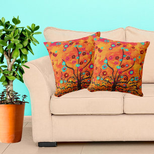 Brown Tree of Life W/ Blume & Orange Color Boho Kissen