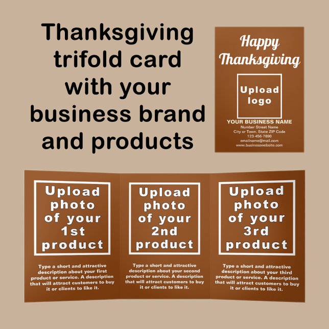 Brown-Trifold-Karte für den Business-Erntedank Dreifach Gefaltete Karte (Thanksgiving brown trifold card with your business brand and products or services.)
