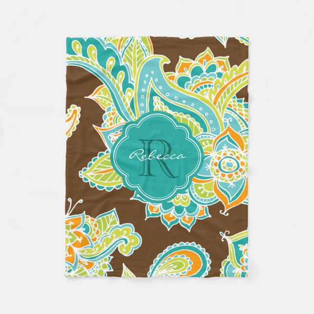 Brown und Aquamarin Boho Paisley Mit Monogramm Fleecedecke (Vorderseite)