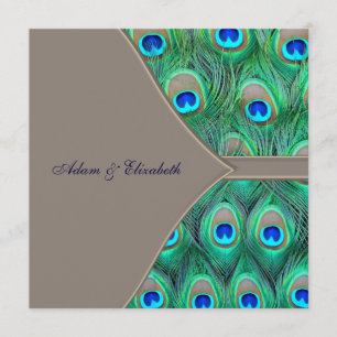 Brown und blaue Pfau-Hochzeit Einladung