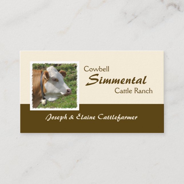 Brown und weiße Simmentalkuh mit Cowbell Visitenkarte (Vorderseite)