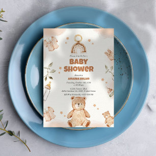 Brown Watercollage Baby Bear Accesories Babydusche Einladung