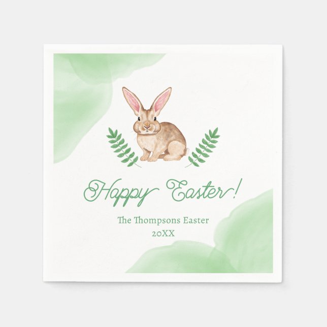Brown Watercolor Bunny And Greenery Happy Easter Serviette (Vorderseite)