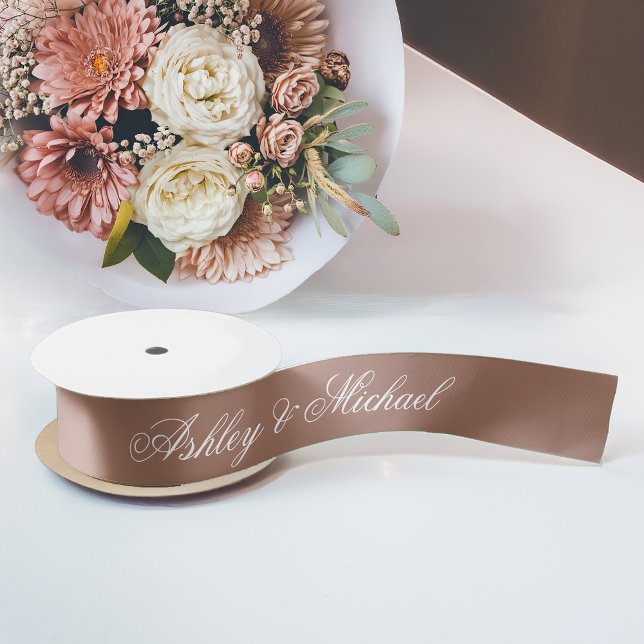 Brown Wedding Elegante Calligraphy Einfache Skript Satinband (Von Creator hochgeladen)