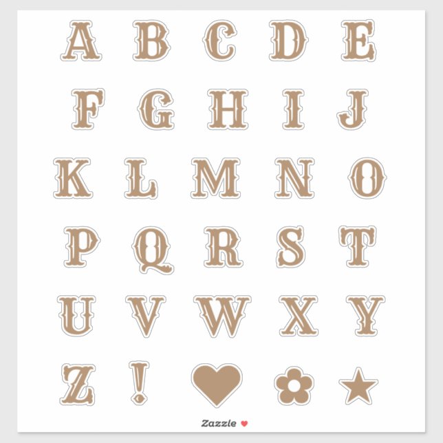 Brown Western Theme Letters Alphabet Monogram Aufkleber (Blatt)