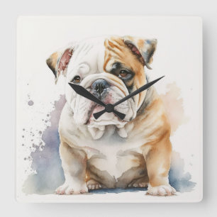 BROWN & WHITE ADORABLE BULLDOG HUND QUADRATISCHE WANDUHR