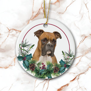Brown White Boxer Dog Evergreen Kranz Keramik Ornament