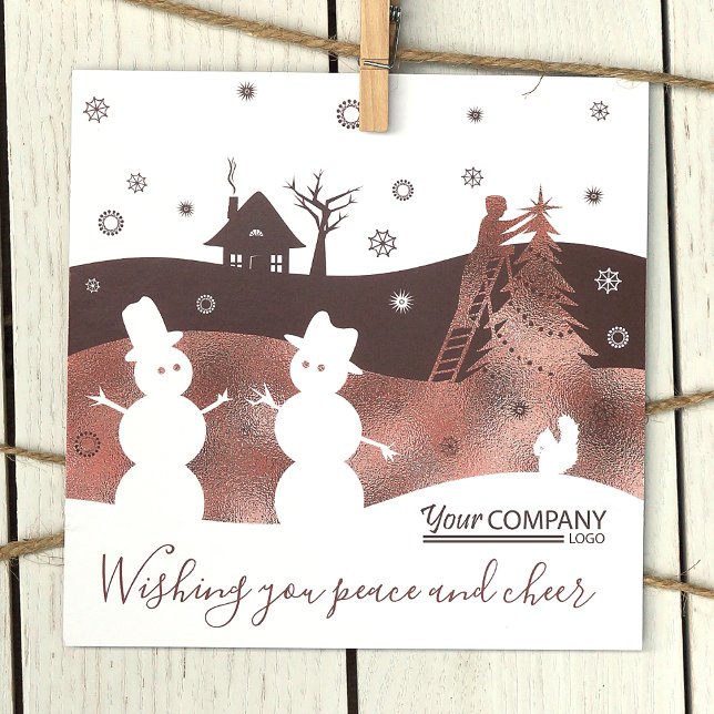 Brown, White, Bronze Snowmen Company Holiday Card Einladung (Chocolate Brown Logo Company Holiday Christmas Cards, Rustic Brown White Snowmen Snow Village)