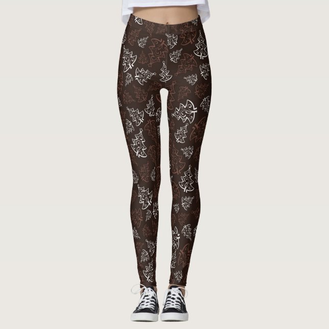 Brown & White Christmas Tree Muster Leggings (Vorderseite)