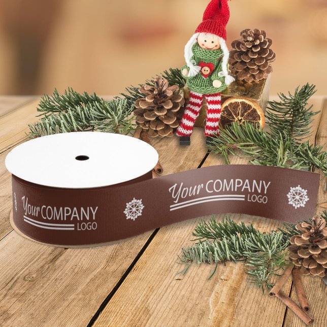 Brown White Company Logo Snowflake Weihnachten Ripsband (dark brown company logo gift ribbon, personalized promo promotional christmas holiday favor wrapping)