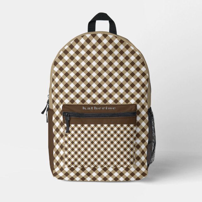 Brown White Gingham Bedruckter Rucksack (Vorderseite)