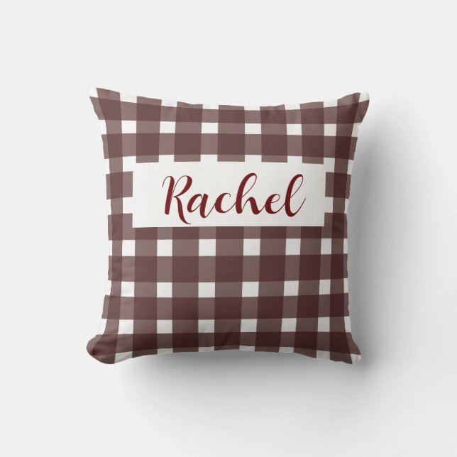 Brown White Gingham Personalisiert Kissen (Vorderseite)