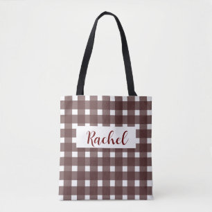 Brown White Gingham Personalisiert Tote Bag