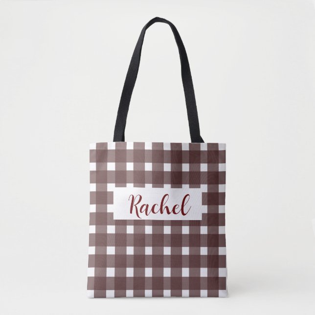 Brown White Gingham Personalisiert Tote Bag (Vorderseite)