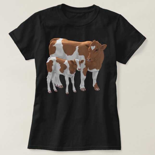 Brown & White Guernsey Kuh & Niedlich Calf Cattle  T-Shirt (Design vorne)