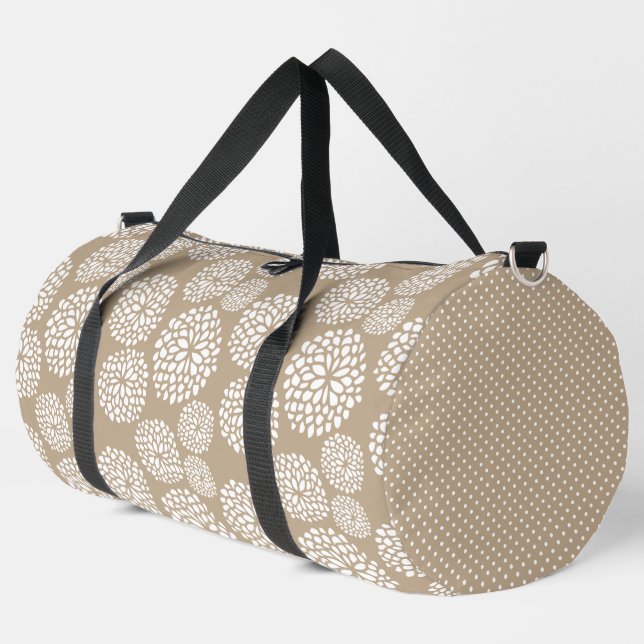 BROWN & WHITE HAND DRAWN MUMS & POLKA DOTS DUFFLE BAG (Linke Ecke)