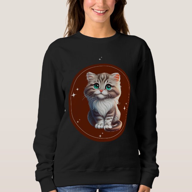Brown White Illustrated Cute Cat T-Shirt Sweatshirt (Vorderseite)