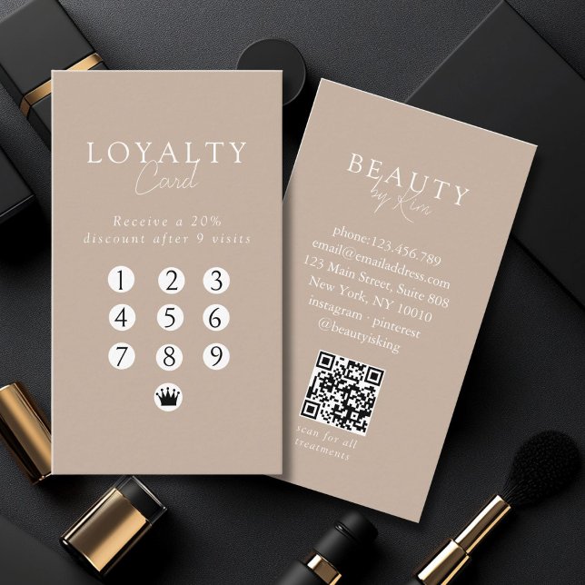 Brown & White Minimal Salon QR Code Loyalty Visitenkarte (Custom Brown & White Minimal Salon QR Code Loyalty Business Card)