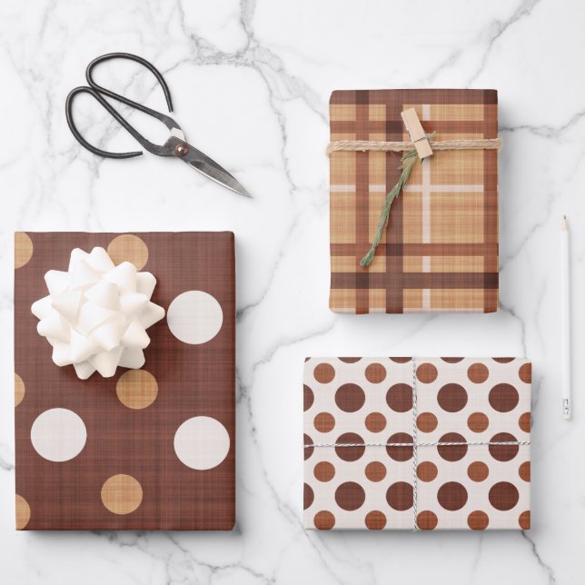 BROWN & WHITE POLKA DOTS & PLAIDS GESCHENKPAPIER SET (Vorderseite)