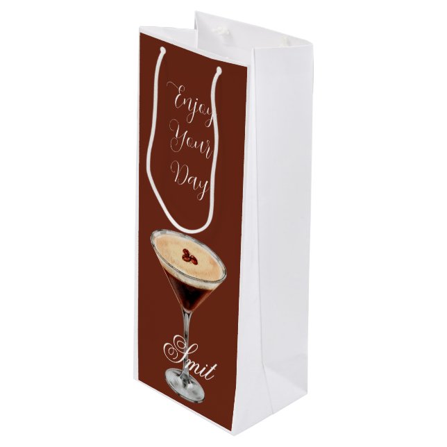 Brown & White Retro Minimalist Wine Gift Bag Geschenktüte Für Weinflaschen (Vorderseite Schrägansicht)