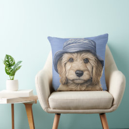 BROWN & WHITE SHAGGY HUND MIT BLAUEM HUT KISSEN