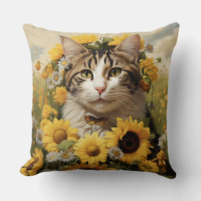 BROWN & WHITE TABBY CAT MIT HÜBSCHEN SONNENBLUMEN KISSEN (Vorderseite)