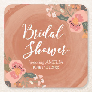 Brown Wood Rustic Floral Brautparty Square Rechteckiger Pappuntersetzer