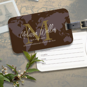 Brown World Map Traveller Modern & Elegante Monogr Gepäckanhänger