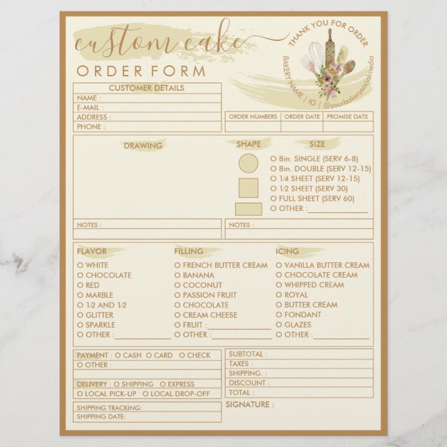 Brown Yellow Creme Bakery Cake Order Form Flyer (Vorne)
