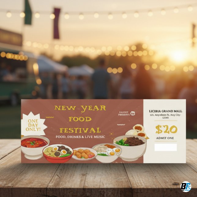 Brown - Yellow New Year Food Festival Ticket Einladung (Entry Pass Ticket)