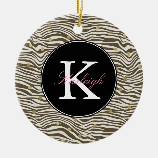 Brown Zebra Print Gold Confetti Monogram Keramik Ornament (Vorne)
