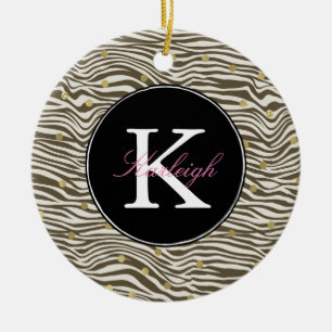Brown Zebra Print Gold Confetti Monogramm Keramik Ornament