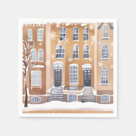 Brownstone Homes | Snowy City Street Watercolor Serviette