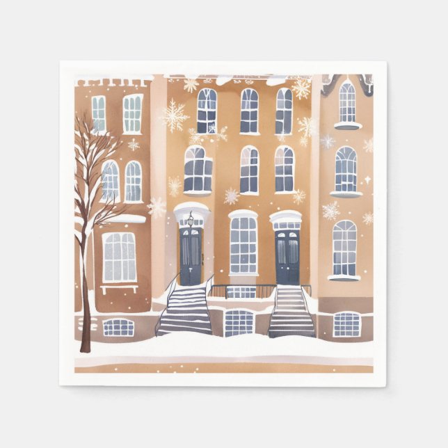 Brownstone Homes | Snowy City Street Watercolor Serviette (Vorderseite)