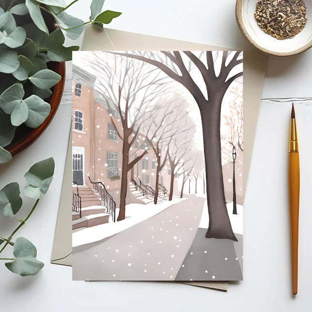 Brownstone Street | Snowy Winter Watercolor Postkarte (Von Creator hochgeladen)