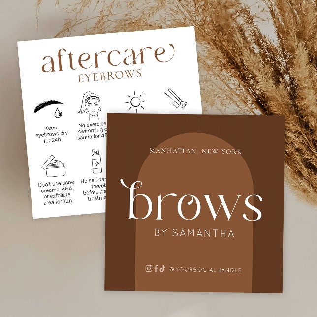 Brows Aftercare Cards Modern Boho Terracotta Quadratische Visitenkarte (Modern boho brows aftercare cards with icons and modern fonts)