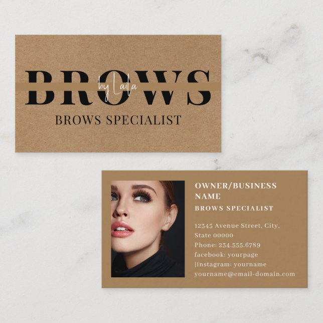 Brows Typografie Eyebrow Salon Foto Luxus Visitenkarte (Vorne/Hinten)