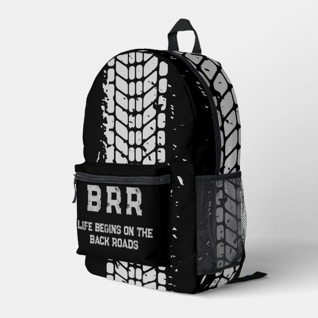 BRR-Logo Gray Lettering "Das Leben beginnt am ..." Bedruckter Rucksack (Rückseitige Ecke Rechts)